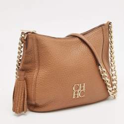Pre Owned CH Carolina Herrera Brown Pebbled Leather Chain Tassel Shoulder Bag
