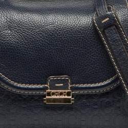 CH Carolina Herrera Navy Blue Monogram Embossed Leather Flap Top Handle Bag