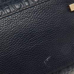 CH Carolina Herrera Navy Blue Monogram Embossed Leather Flap Top Handle Bag