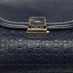 CH Carolina Herrera Navy Blue Monogram Embossed Leather Flap Top Handle Bag