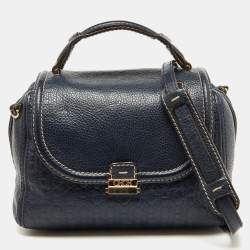 CH Carolina Herrera Navy Blue Monogram Embossed Leather Flap Top Handle Bag