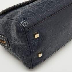 CH Carolina Herrera Navy Blue Monogram Embossed Leather Flap Top Handle Bag