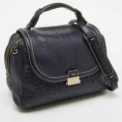 CH Carolina Herrera Navy Blue Monogram Embossed Leather Flap Top Handle Bag