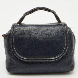 CH Carolina Herrera Navy Blue Monogram Embossed Leather Flap Top Handle Bag