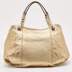 Pre Owned CH Carolina Herrera Gold Monogram Embossed Leather Dahlia Hobo