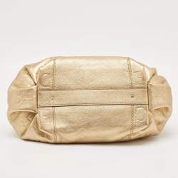 Pre Owned CH Carolina Herrera Gold Monogram Embossed Leather Dahlia Hobo
