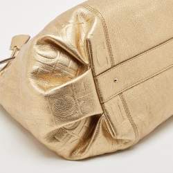 Pre Owned CH Carolina Herrera Gold Monogram Embossed Leather Dahlia Hobo