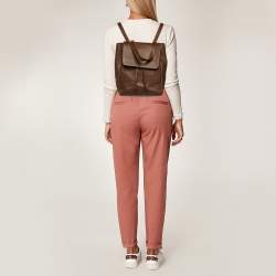 CH Carolina Herrera Brown Monogram Embossed Leather Flap Backpack