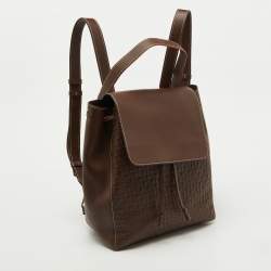 CH Carolina Herrera Brown Monogram Embossed Leather Flap Backpack