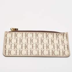 CH Carolina Herrera Brown/White Monogram Leather Flap Continental Wallet