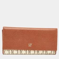 CH Carolina Herrera Brown/White Monogram Leather Flap Continental Wallet