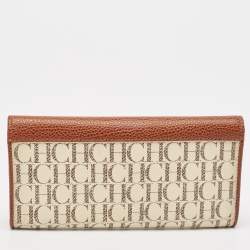 CH Carolina Herrera Brown/White Monogram Leather Flap Continental Wallet