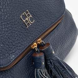 CH Carolina Herrera Navy Blue Pebbled Leather Tassel Shoulder Bag