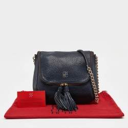 CH Carolina Herrera Navy Blue Pebbled Leather Tassel Shoulder Bag