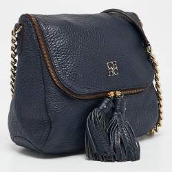 CH Carolina Herrera Navy Blue Pebbled Leather Tassel Shoulder Bag