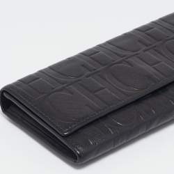 CH Carolina Herrera Black Embossed Leather Continental Wallet