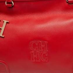 Pre Owned CH Carolina Herrera Red Leather East/West Logo Charm Tote