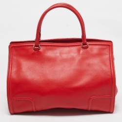 Pre Owned CH Carolina Herrera Red Leather East/West Logo Charm Tote