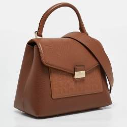 Pre Owned CH Carolina Herrera Brown Monogram Embossed Leather Flap Top Handle Bag