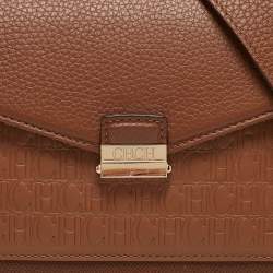 Pre Owned CH Carolina Herrera Brown Monogram Embossed Leather Flap Top Handle Bag