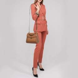 Pre Owned CH Carolina Herrera Brown Monogram Embossed Leather Flap Top Handle Bag