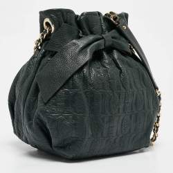 Pre Owned CH Carolina Herrera Green Monogram Embossed Leather Bow Bucket Bag
