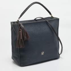 Pre Owned CH Carolina Herrera Navy Blue Leather Tassel Zip Hobo