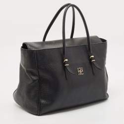 Pre Owned CH Carolina Herrera Black Leather Large Minuetto Flap Top Handle Bag
