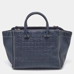 Pre Owned CH Carolina Herrera Navy Blue Monogram Embossed Leather Tote