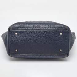 Pre Owned CH Carolina Herrera Navy Blue Monogram Embossed Leather Tote