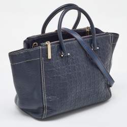 Pre Owned CH Carolina Herrera Navy Blue Monogram Embossed Leather Tote