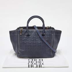 Pre Owned CH Carolina Herrera Navy Blue Monogram Embossed Leather Tote