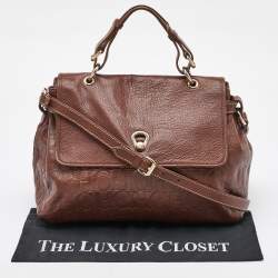 CH Carolina Herrera Brown Monogram Embossed Leather Flap Top Handle Bag