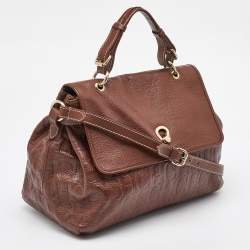CH Carolina Herrera Brown Monogram Embossed Leather Flap Top Handle Bag