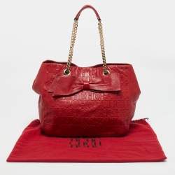 CH Carolina Herrera Red Monogram Leather Audrey  Chain Tote