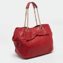 CH Carolina Herrera Red Monogram Leather Audrey  Chain Tote