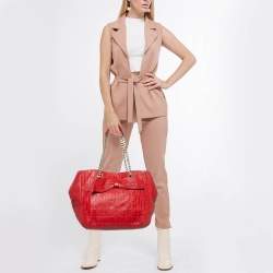CH Carolina Herrera Red Monogram Leather Audrey  Chain Tote
