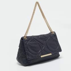Pre Owned CH Carolina Herrera Navy Blue Quilted Leather Flap Chain Shoulder Bag