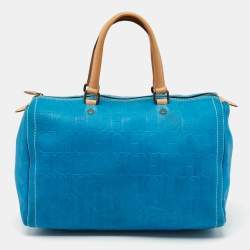 CH Carolina Herrera Blue Monogram Embossed Leather Large Andy Boston Bag