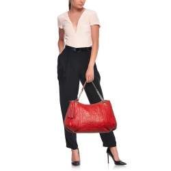 CH Carolina Herrera Red Monogram Embossed Leather Tassel Hobo