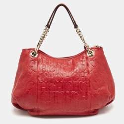 CH Carolina Herrera Red Monogram Embossed Leather Tassel Hobo