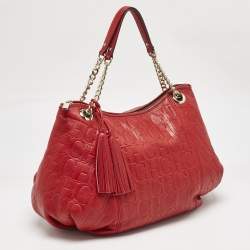CH Carolina Herrera Red Monogram Embossed Leather Tassel Hobo