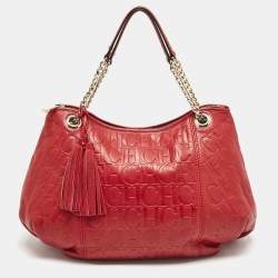CH Carolina Herrera Red Monogram Embossed Leather Tassel Hobo
