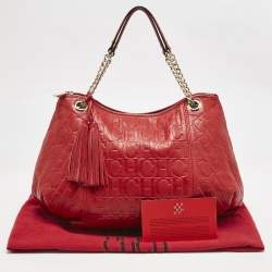 CH Carolina Herrera Red Monogram Embossed Leather Tassel Hobo