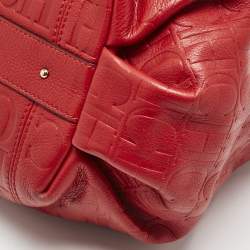 CH Carolina Herrera Red Monogram Embossed Leather Tassel Hobo
