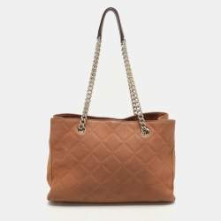Pre Owned Carolina Herrera Brown Logo Embossed Quilted Leather Chain Tote