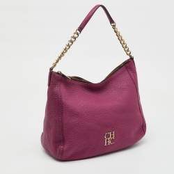 CH Carolina Herrera Pink Grained Leather Zip Hobo