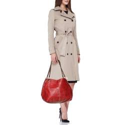 CH Carolina Herrera Red/Gold Monogram Leather Chain Tote