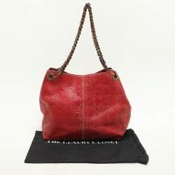 CH Carolina Herrera Red/Gold Monogram Leather Chain Tote