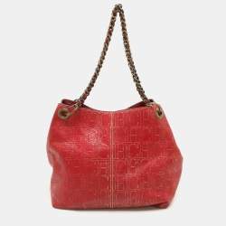 CH Carolina Herrera Red/Gold Monogram Leather Chain Tote